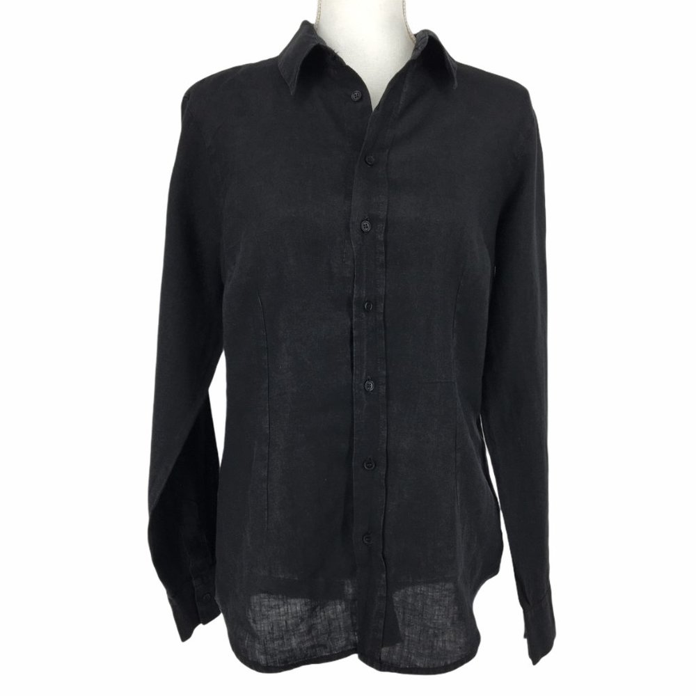 CP Shades Black Linen Button Down Long Sleeve Top
